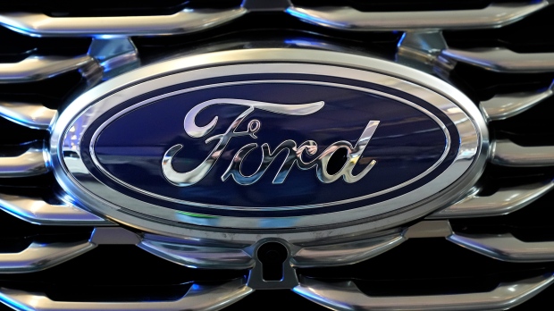 This is the Ford logo on the grill of a Ford Explorer on display at the Pittsburgh International Auto Show in Pittsburgh, Feb. 15, 2024. (Gene J. Puskar / The Associated Press)