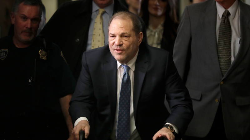 Harvey Weinstein arrives at a Manhattan courthouse for jury deliberations in his rape trial, Feb. 24, 2020, in New York. (Seth Wenig / AP Photo, File)