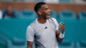 Felix Auger-Aliassime reacts during a match against Adam Walton, of Australia at the Miami Open tennis tournament, Thursday, March 21, 2024, in Miami Gardens, Fla. (Rebecca Blackwell/the Canadian Press/AP)