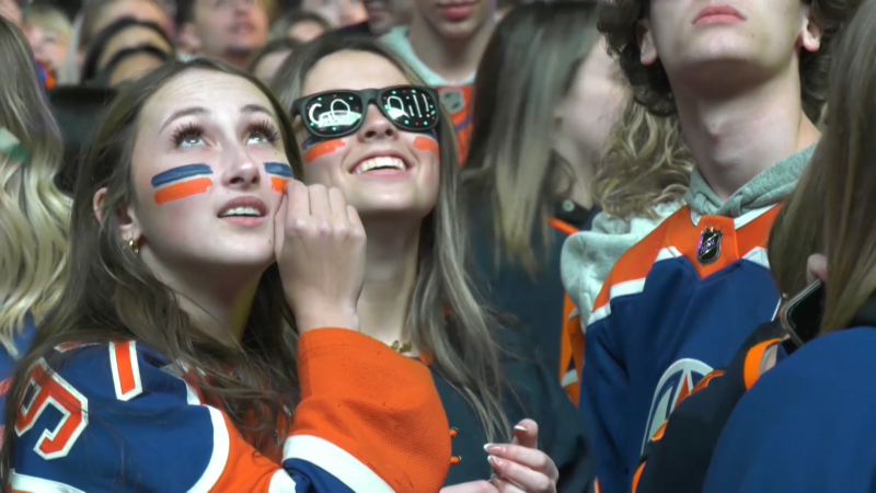 Oilers fans at the Game 2 watch party in Ice District on April 24, 2024. (CTV News Edmonton)