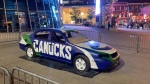 The Vancouver Canucks "smash car" awaits its fate outside Nashville's Bridgestone Arena. (X.com / @501broadway)