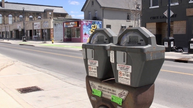 An on-street parking meter in the Old East Village, seen on April 25, 2024. (Daryl Newcombe/CTV News London)