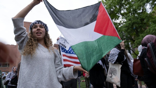 George Washington University students rally on campus during a pro-Palestinian protest over the Israel-Hamas war. (Jose Luis Magana/AP Photo)