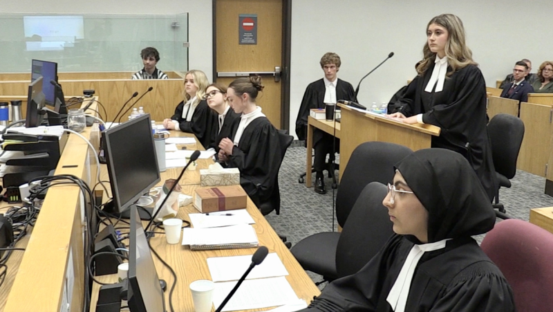 Students participate in mock trial at the Barrie courthouse on April 24, 2024 in Barrie, Ont. (Steve/ Mansbridge).