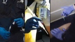 In this combination of images from body-camera videos, medics prepare to inject sedatives to Ivan Gutzalenko in Richmond, Calif., in 2021; Hunter Barr in Colorado Springs, Colo., in 2020, and Wesley Garrett-Henry in San Diego, Calif., in 2020. (Richmond Police Department, Colorado Springs Police Department, San Diego Police Department via AP)