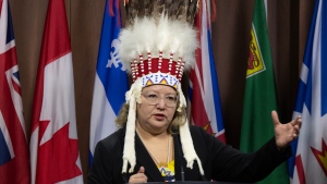 National Chief of the Assembly of First Nations Cindy Woodhouse Nepinak speaks about the federal budget during a news conference on Parliament Hill, Wednesday, April 17, 2024 in Ottawa. THE CANADIAN PRESS/Adrian Wyld