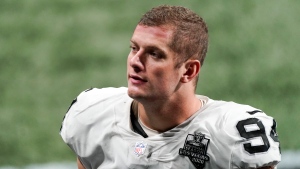 FILE: In this Nov. 29, 2020, file photo, Las Vegas Raiders defensive end Carl Nassib leaves the field after an NFL football game against the Atlanta Falcons in Atlanta. (John Bazemore / Associated Press)