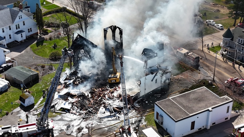 Bridgetown Baptist Church in Bridgetown, N.S.,  was destroyed by fire on April 26, 2024. (Source: John Ray Lawrence/Facebook)