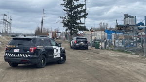 Calgary police investigate a shooting reported in the area of 49 Avenue and 25 Street S.E. on Friday, April 26, 2024.  