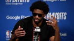 Philadelphia 76ers' Joel Embiid speaks during a news conference after Game 3 in an NBA basketball first-round playoff series against the New York Knicks, Thursday, April 25, 2024, in Philadelphia. (Matt Slocum / AP Photo)