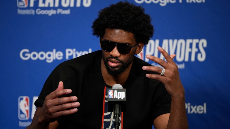 Philadelphia 76ers' Joel Embiid speaks during a news conference after Game 3 in an NBA basketball first-round playoff series against the New York Knicks, Thursday, April 25, 2024, in Philadelphia. (Matt Slocum / AP Photo)