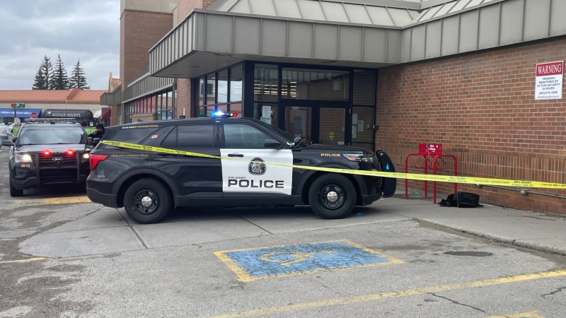 Calgary police investigate a stabbing at the Value Village located at 9737 Macleod Trail S.W. on Friday, April 26, 2024.