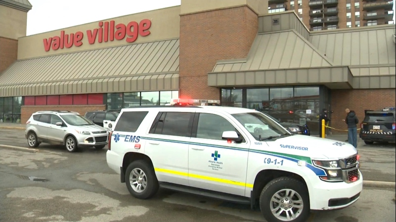Calgary police investigate a stabbing at the Value Village located at 9737 Macleod Trail S.W. on Friday, April 26, 2024.