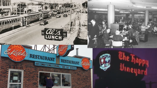 A collage of four historic restaurants in Winnipeg over the years, including Al's Lunch (clockwise, top left), The Paddlewheel, The Happy Vineyard and Keleki's.  (CTV Winnipeg)