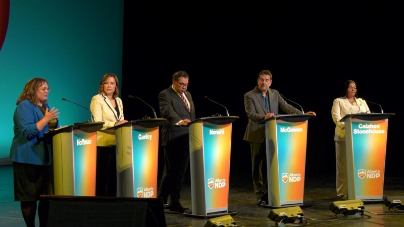 The five Alberta NDP leadership hopefuls at a debate in Lethbridge on April 25, 2024.