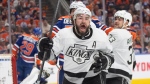 Los Angeles Kings defenceman Drew Doughty celebrates his goal against the host Edmonton Oilers on April 24, 2024,  during Game 2 of their first-round NHL playoff series. (Jason Franson/The Canadian Press)
