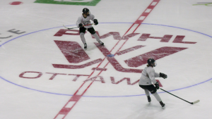 The PWHL logo on the TD Centre rink. Apr. 26, 2024 (Sam Houpt/CTV News)
