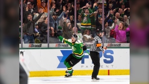 London Knight Kasper Halttunen celebrates after scoring a goal against the Saginaw Spirit during a game at London, Ont.'s Budweiser Gardens on April 26, 2024. (Source: London Knights/X)