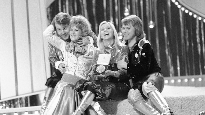 Swedish pop group ABBA celebrate winning the 1974 Eurovision Song Contest on stage at the Brighton Dome in England with their song Waterloo, April 6, 1974. (AP Photo/Robert Dear, File)