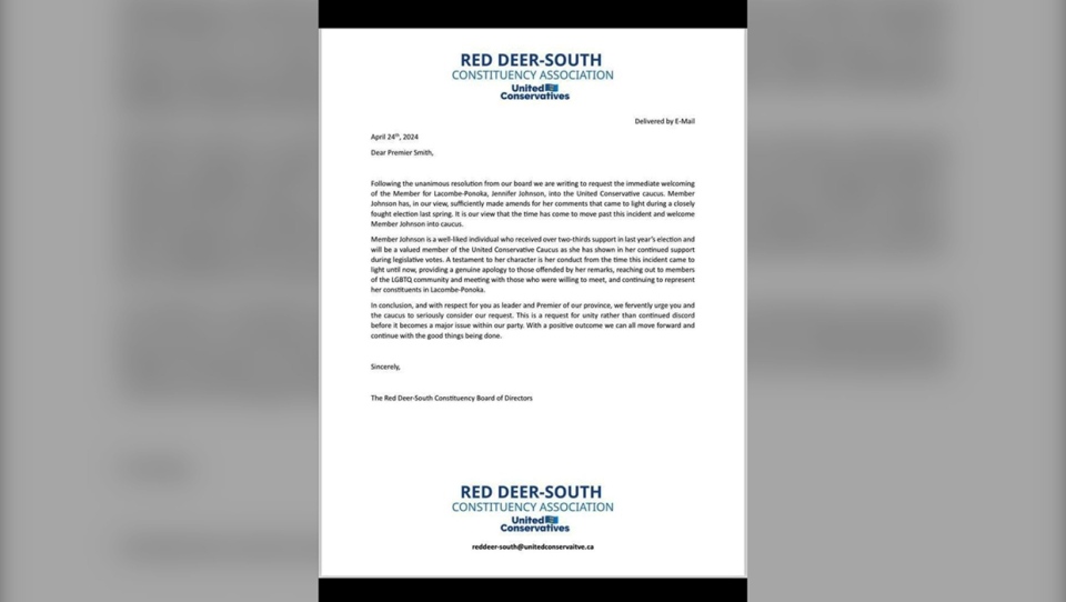Red Deer-South letter to Danielle Smith, April 27
