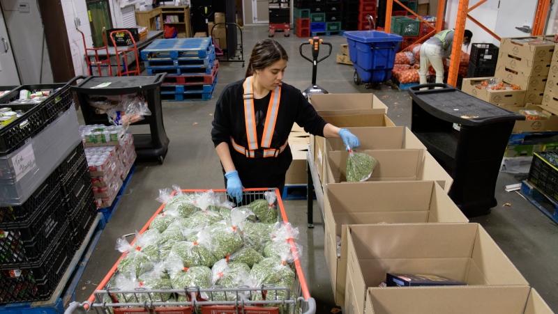 Tarryn Pratt, a warehouse worker, packs food into boxes at the Food Bank in Regina on Tuesday, June 13, 2023. The boxes are available to the bank’s clients onsite and by delivery. THE CANADIAN PRESS/Michael Bell