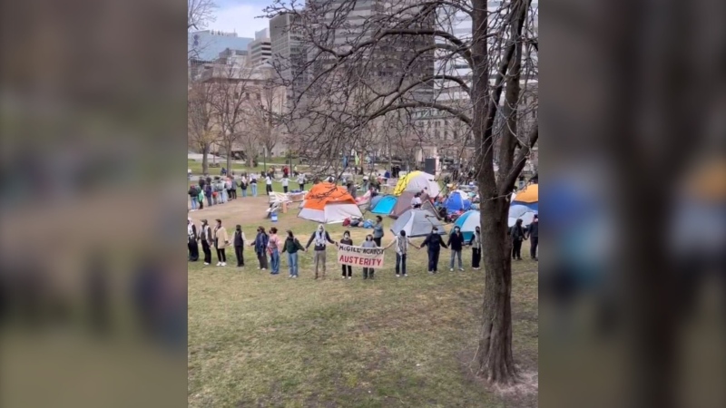 Students at McGill University launch an encampment on Saturday, April 27, 2024, as they call on the school to cut financial ties with Israel. (Source: @montreal4palestine/Instagram)