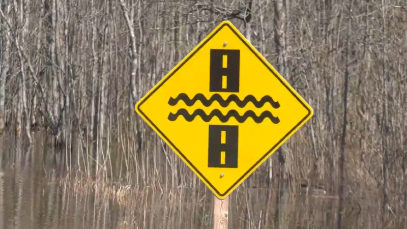 A sign indicating the a roadway has been washed out. Image from the Municipality of French River, Ont. on April 27, 2024. (Ian Campbell/CTV News Northern Ontario)