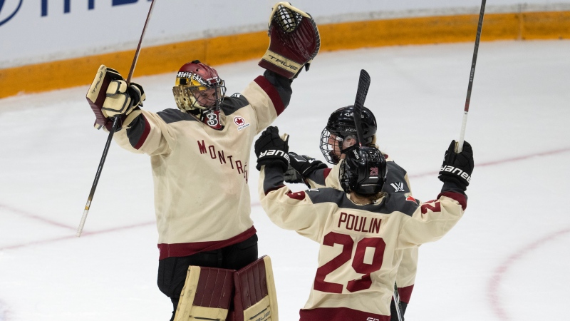 Montreal goalie Ann-Renee Desbiens celebrates with teammates Kati Tabin and forward Marie-Philip Poulin at the end of third period PWHL action against Ottawa on Saturday, April 27, 2024 in Ottawa. Desbiens stopped 31 shots as Montreal defeated Ottawa 2-0. THE CANADIAN PRESS/Adrian Wyld
