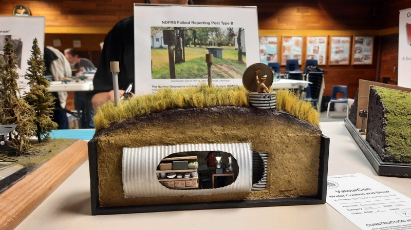 Builder Gilles Nessier created a model Type B Fallout Reporting Post based on one he found near Victoria Beach, Man., displaying it at ValourCon on April 27, 2024. (Dan Timmerman/CTV News)