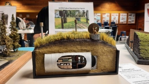 Builder Gilles Messier created a model Type B Fallout Reporting Post based on one he found near Victoria Beach, Man., displaying it at ValourCon on April 27, 2024. (Dan Timmerman/CTV News)