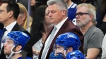 Toronto Maple Leafs head coach Sheldon Keefe, top right, reacts on the bench with Calle Jarnkrok, left to right, Pontus Holmberg and Ryan Reaves during third period action against the Boston Bruins in Game 4 of an NHL hockey Stanley Cup first-round playoff series in Toronto on Saturday, April 27, 2024. (The Canadian Press/Frank Gunn)