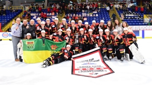 The Regina Rebels took gold for the first time ever at the 2024 U18 women's hockey national championship in Vernon, B.C. (Courtesy: Hockey Canada)