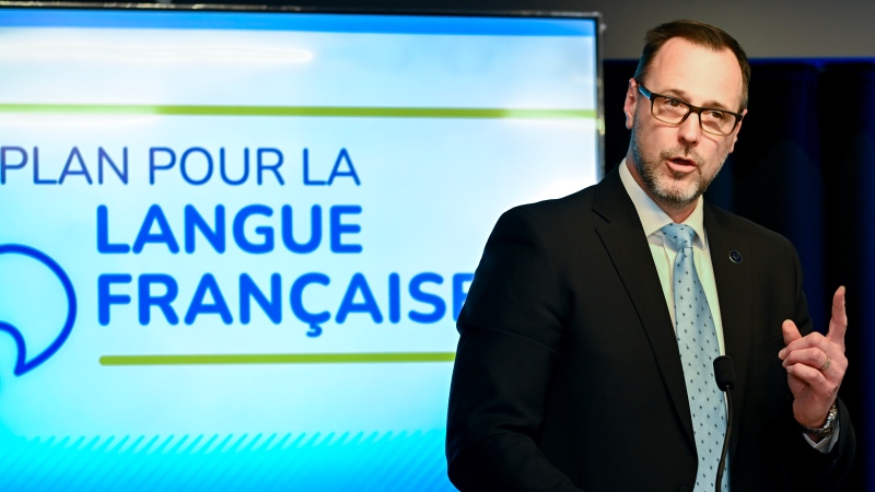 Minister of the French Language Jean-François Roberge holds a press conference concerning the Plan for the French language in Montreal, Sunday, April 28, 2024. THE CANADIAN PRESS/Graham Hughes
