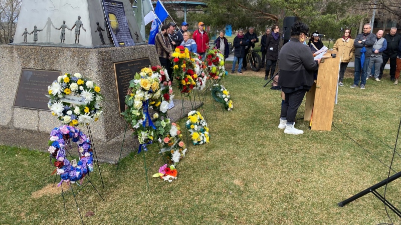 Wreaths are laid at the Broken Families Monument in Edmonton for the National Day of Mourning on April 28, 2024. (Galen McDougall/CTV News Edmonton)