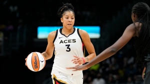 Las Vegas Aces forward Candace Parker (3) drives against Seattle Storm centre Ezi Magbegor (13) during the second half of a WNBA basketball game on May 20, 2023, in Seattle. The Aces won 105-64. (AP Photo/Lindsey Wasson)