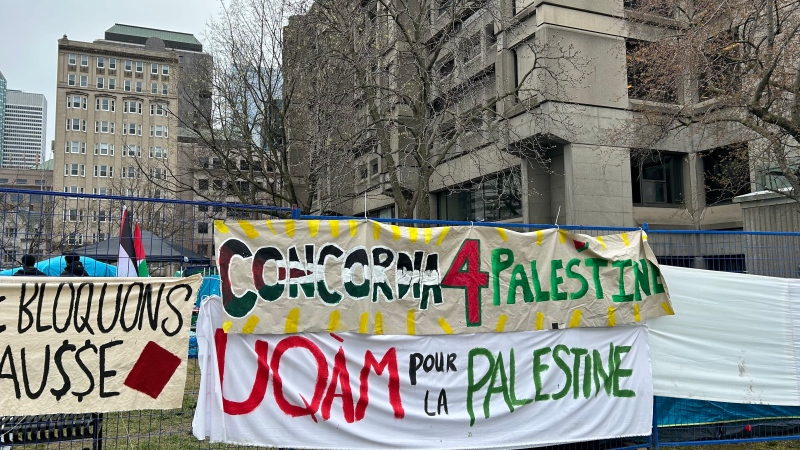 Banners show solidarity with Palestinians at an encampment at McGill University on Sunday, April 28, 2024. (Laurence Brisson Dubreuil
/CTV News)