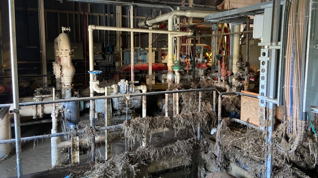 The aftermath of the June 2 storm that caused mud and straw debris to flood into the Poplar River Power Station near Coronach, Sask. (Courtesy: SaskPower)
