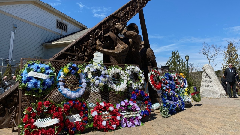 Wreaths were laid around the Hatheway Labour Monument in Saint John to honour those who have passed away in workplace related injuries (CTV/Avery MacRae) 