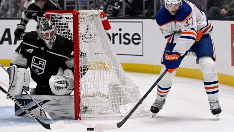 Edmonton Oilers left wing Warren Foegele (37) shoots against Los Angeles Kings goaltender David Rittich during an NHL hockey game in Los Angeles on Feb. 10, 2024. (Alex Gallardo)