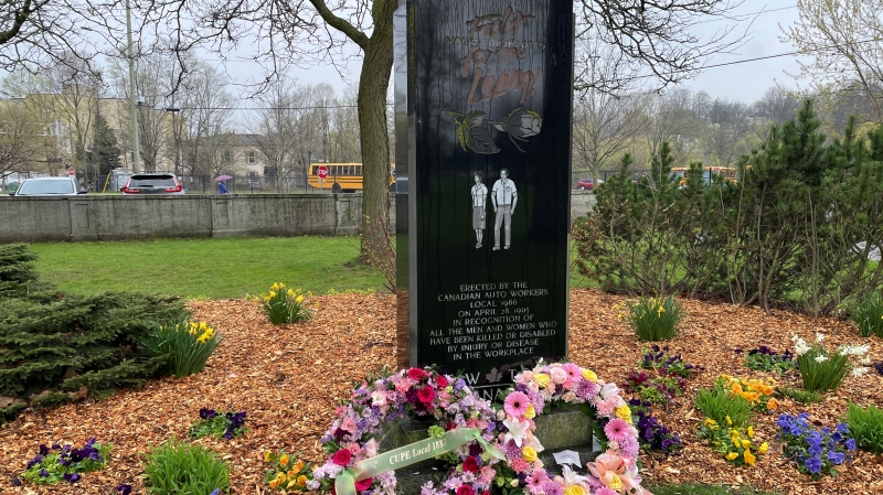 Wreaths at the foot of the Worker’s Monument at Riverside Park in Cambridge on Apr. 28, 2024. (Hannah Schmidt/CTV Kitchener)