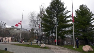 Greater Sudbury marked the Day of Mourning with ceremony at Laurentian University on April 28, 2024 to honour lives lost in workplace accidents and occupational illnesses. (Angela Gemmill/CTV News Northern Ontario)