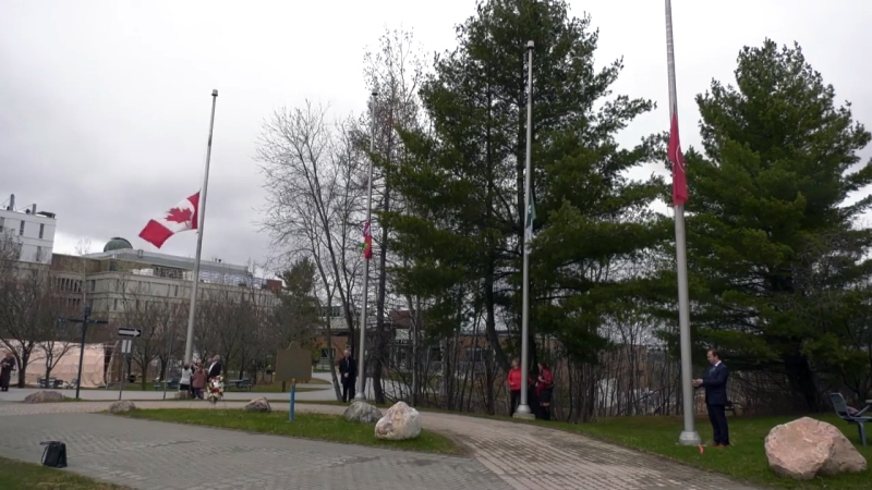 Greater Sudbury marked the Day of Mourning with ceremony at Laurentian University on April 28, 2024 to honour lives lost in workplace accidents and occupational illnesses. (Angela Gemmill/CTV News Northern Ontario)