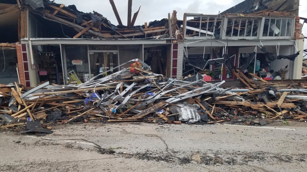 A row of buildings is left damaged by a tornado in Sulphur, Okla., Sunday, April 28, 2024. (AP  /Ken Miller)