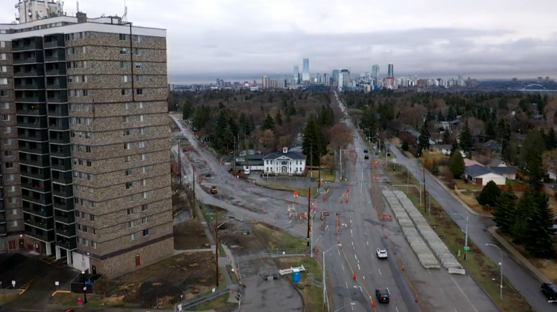 An aerial image of Stony Plain Road construction taken on April 29, 2024, over 142nd Street looking toward downtown Edmonton. (Cam Wiebe / CTV News Edmonton) 