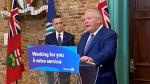 Premier Doug Ford (right) makes remarks and speaks with reporters at a press conference as Ottawa Mayor Mark Sutcliffe (left) stands by in Ottawa on Monday, Apr. 29, 2024. (Leah Larocque/CTV News Ottawa)