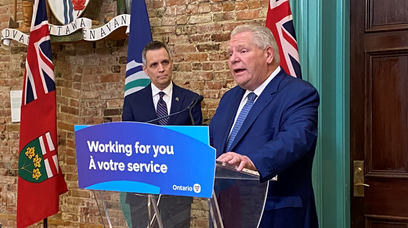 Ottawa Mayor Mark Sutcliffe and Ontario Premier Doug Ford at a press conference on April 29, 2024. (Tyler Fleming/CTV News Ottawa) 