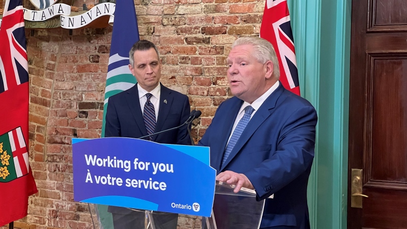 Ottawa Mayor Mark Sutcliffe and Ontario Premier Doug Ford at a press conference on April 29, 2024 (Tyler Fleming/CTV News Ottawa)