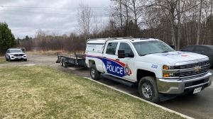 Sudbury police are investigating in Chelmsford after human skeletal remains were found April 28 in a remote wooded area off Marion Street. April 29, 2024 (Alana Everson/CTV Northern Ontario)