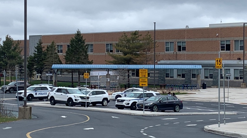 Halifax Regional Police cruisers are pictured in the parking lot of Halifax West high School on April 29, 2024.