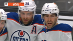 Evan Bouchard celebrating goal with Leon Draisaitl in Game 4 against the Los Angeles Kings on April 28, 2024. (Courtesy: Sportsnet)